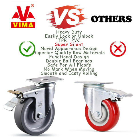 Heavy Duty Five Inch Caster Wheels Set Of Four With Dual Lock Brakes Built Tough TPR Rubber Industrial Casters comparison image.