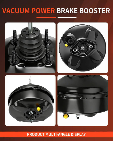Heavy Duty Power Brake Booster For Cadillac Escalade Chevy Silverado Tahoe, multi-angle view of black vacuum power brake booster.