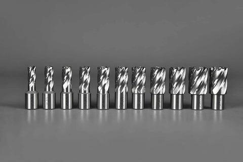 Annular cutter set, 13 pcs, HSS with Weldon shanks, diameters from 7/16 to 1-1/16 in, silver metal