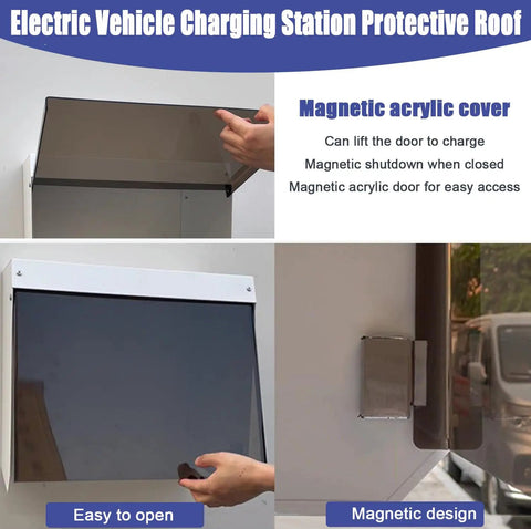 Tough As Nails EV Charger Cover Shields Your Wallbox From Freezing Rain And Blistering Sun With Rock Solid Galvanized Steel Enclosure And Clear Acrylic Door For Year Long Peace Of Mind For Your Ride, showing magnetic acrylic door and steel body.