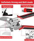 Adjustable Ratchet Miter Shears with red and black handle, SK5 blade, multiple close-ups, for cutting shoe molding and PVC trim.
