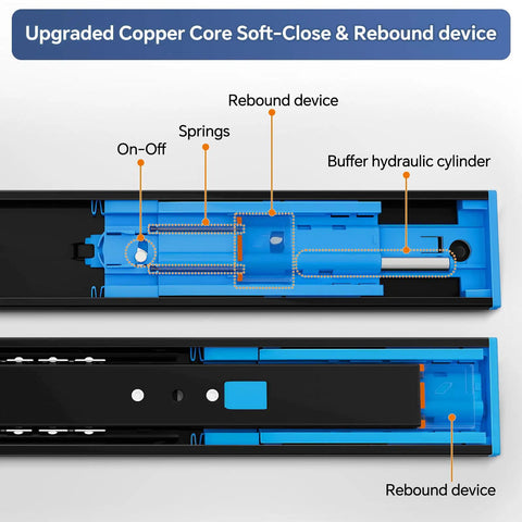 12 Inch Push To Open And Soft Close Drawer Slides With Full Extension 1 Pair 2 In 1 Push To Open Mechanism No Slam Quiet Soft Close Dampers Smooth Full Extension For Cabinet Drawers Heavy Duty Easy Glides, blue copper-core mechanism