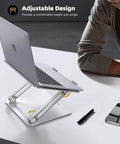 Go To Adjustable Aluminum Laptop Stand For Desk with laptop on riser, foldable design shown on office desk setup, fits 10 to 17.3 inch laptops.