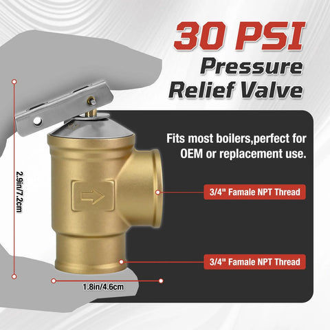 Brass 3/4 inch FNPT pressure relief valve with inlet/outlet for hot water boilers, 30 PSI.