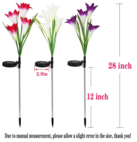 Solar Garden Stake Lights 8 Pack With 32 Lily Flowers Waterproof 7 Color Changing LED Landscape Lights, height and width labeled