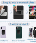 10 Piece Universal Magnetic Car Phone Mount Metal Back Plates In Matte Black showing installation methods on phones and cases.
