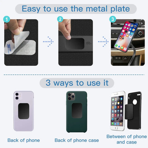 10 Piece Universal Magnetic Car Phone Mount Metal Back Plates In Matte Black showing installation methods on phones and cases.
