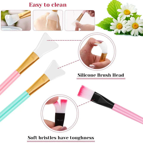 Detailed view of silicone brush heads and soft bristle brush from All In One 11 Piece DIY Facial Mask Tool Kit For At Home Spa
