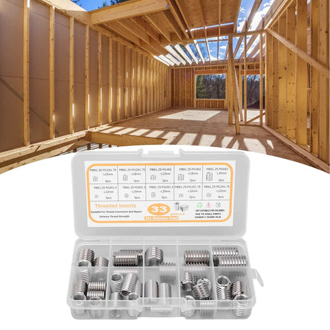 33 Piece M8x1.25 Stainless Steel Threaded Insert Kit For Wood Furniture Repair Self Tapping Sleeves Nut Reducers Restore Stripped Threads And Harden Drawer Pulls Hardware For Easy DIY Assembly, open case