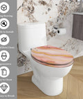 Elongated Toilet Seat Quiet Soft Close Bathroom with pink marble design, 14.5" x 18.5", easy to clean, fits most toilets.