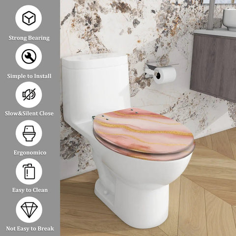 Elongated Toilet Seat Quiet Soft Close Bathroom with pink marble design, 14.5" x 18.5", easy to clean, fits most toilets.