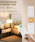 Wireless Wall Switch Kit With Remote Outlet And Receiver No Wiring Required 100ft RF Range demonstrated in a bedroom setting