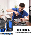 Man using 122 In 1 Magnetic Precision Screwdriver Set With Case for electronics repair, showcasing tools and kit.