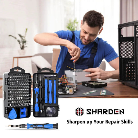 Man using 122 In 1 Magnetic Precision Screwdriver Set With Case for electronics repair, showcasing tools and kit.