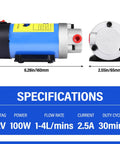 Smooth 12V Oil Extractor Pump For Quick Engine Oil Swaps With Self Priming Gear Mechanism, side view with specifications.
