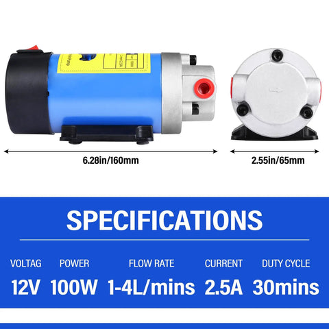 Smooth 12V Oil Extractor Pump For Quick Engine Oil Swaps With Self Priming Gear Mechanism, side view with specifications.