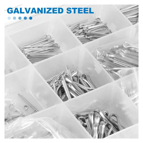 Close-up of stainless steel cotter pins in 420 Piece Cotter Pin Assortment Kit with Split Pins and Fastener Clips for Cars and Tractors