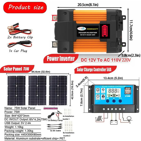 Road Trip Ready Solar Inverter Kit With 4000W Peak Output And Lightweight Portable Build For Off Grid Camping features power inverter and solar panels.