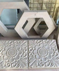 Two Piece Square Concrete Molds Set For Walkways And Patios; decorative floral and hexagonal shapes visible