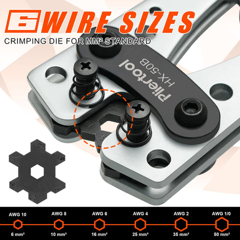 Close-up of Beefed Up Battery Cable Crimping Tool Kit for heavy-duty automotive wiring with crimping die for AWG sizes.