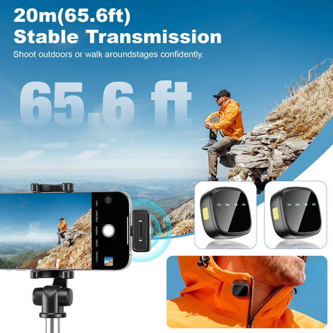 Person using AI Noise Reduction Wireless Lavalier Mic With USB C for Android 15 clip-on while vlogging in nature