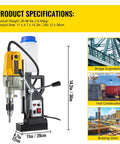 Workhorse Portable Magnetic Drill Press Powered By A Beefy 1100 Watt Motor Cruising At 580 Rpm, shown with specs, ideal for steel construction.