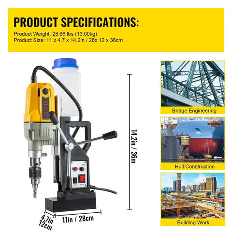 Workhorse Portable Magnetic Drill Press Powered By A Beefy 1100 Watt Motor Cruising At 580 Rpm, shown with specs, ideal for steel construction.