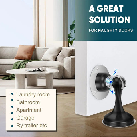 Magnetic Door Stopper Heavy Duty Door Holder With No Drill Wall Or Floor Mount 3M Adhesive And Screws Stainless Steel Black in living room
