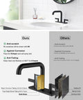 Two Handle Centerset Bathroom Faucet Designed For Matte Black Vanity Deck Mount Sink With Pop Up Drain And Included Supply Lines Built To Last Solid Brass Construction Low Lead CUPC Certified showing anti-scratch, corrosion and fading properties
