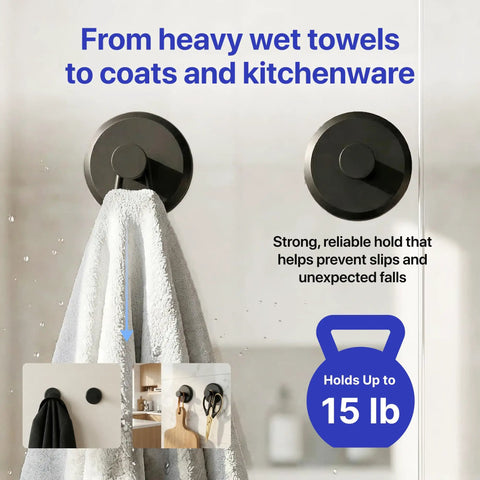 Rugged And Ready Suction Towel Hooks For Bathroom Shower Glass Walls Two Pack Black No Drill Twist Lock Non Slip Design Holds Rock Solid Easy Peasy Install For Bath Robes And Small Space Storage