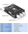 Two Channel 100W Per Side Amplifier Board For DIY Wireless Speakers With Treble And Bass Control DC Nine To Twenty Four Volt Bluetooth And AUX Inputs Password Free Stereo Amp Board with dimensions shown.