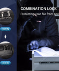 Close-up of combination lock on heavy duty fireproof document bag with lock and waterproof zippers for 15 by 11 inch letter size.