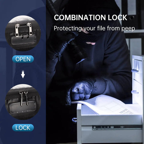 Close-up of combination lock on heavy duty fireproof document bag with lock and waterproof zippers for 15 by 11 inch letter size.