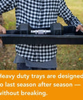 Person holding Extra Tough No Holes Seed Starting Trays 5 Pack Built To Last Durable BPA Free Plastic Nursery Flats outdoors
