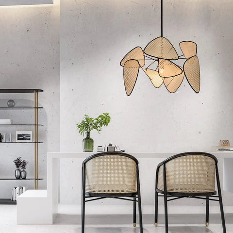 Fan Shaped Pendant Light With Woven Shade Handmade Silver Hanging Ceiling Lamp in dining room setting
