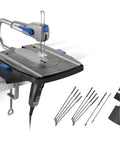 Compact Variable Speed Scroll Saw Kit with automatic blade tension, coping handgrip, and cutting blades laid out for use.