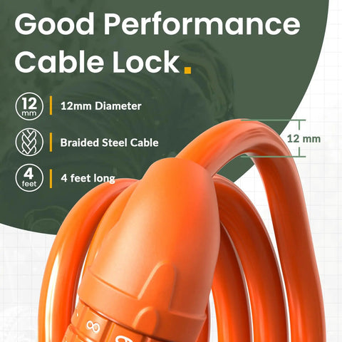 Lock Up Your Ride With This 4 Foot Cable Lock A Tough As Nails Half Inch Resettable Combination Lock With Mounting Bracket For Bicycle Electric Scooter Or Motorcycle Orange, showing orange PVC-coated steel cable, 12mm diameter.