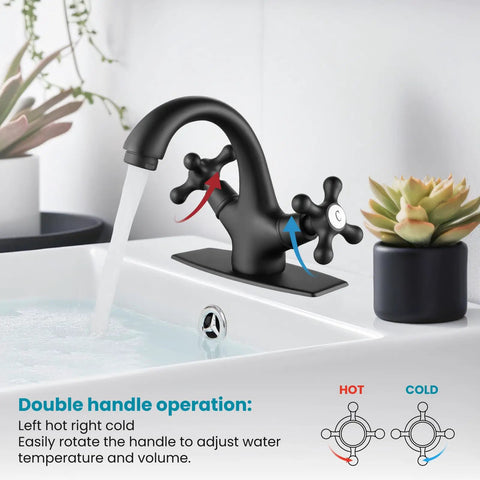 Matte Black Single Hole Bathroom Faucet With Cross Handles Lavatory Vessel Sink Mixer Tap No Fuss Install Pop Up Drain