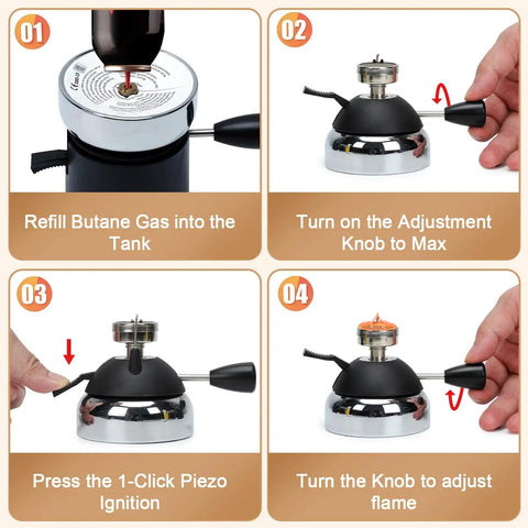 Step-by-step guide for using Refillable Butane Mini Burner For Tabletop Siphon Coffee Makers And Espresso Stoves Pro Grade.