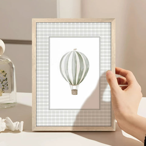 Wood Framed Hot Air Balloon Wall Art for Nursery and Kids Room, Vintage Baby Decor Canvas Print, sage green, 8x10 inch