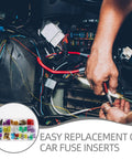 Person using tester from 100 Piece Car Fuse Assortment Kit With Tester And Puller Tool For Standard Mini Low Profile Blade Fuses Auto Truck Boat Electrical Replacement And Repair.