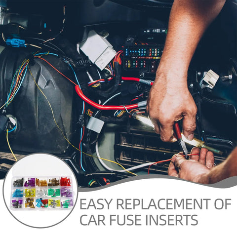 Person using tester from 100 Piece Car Fuse Assortment Kit With Tester And Puller Tool For Standard Mini Low Profile Blade Fuses Auto Truck Boat Electrical Replacement And Repair.