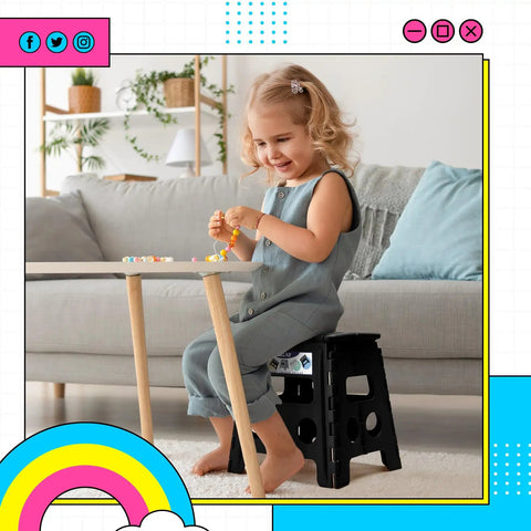 Child sitting on 13 Inch Folding Step Stool 2 Pack No Slip Lightweight Collapsible Stool With Handy Grab Handle Supports Up To 300 Lbs For Kitchen Bathroom Bedroom Garden Indoor Outdoor Black