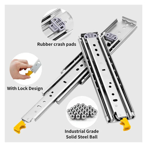 Heavy Duty 12 Inch Side Mount Drawer Slides Full Extension Double Row Ball Bearing Cabinet Hardware Cold Rolled Steel with lock design.
