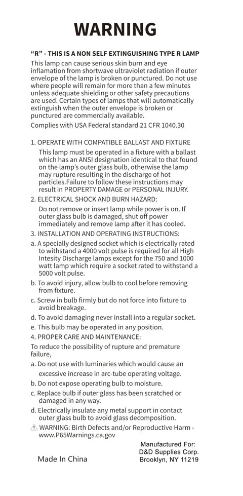 Warning label for Three Pack MP100 U MED 100 Watt Metal Halide ED17 Bulbs Medium Base Clear HID Lamps for safe operation.