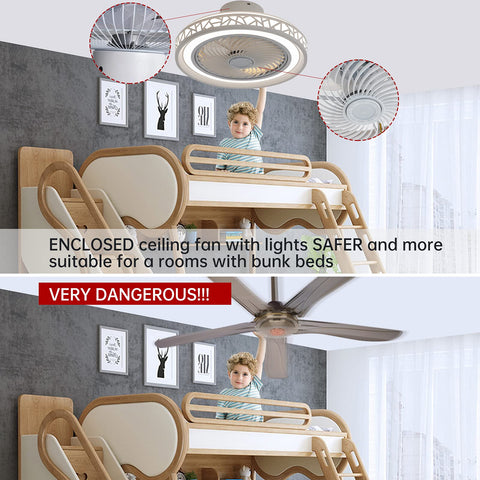 Enclosed Ceiling Fan With Lights Remote Control 20 Inch 72W Three Color Dimming Brightness in kids room with bunk beds