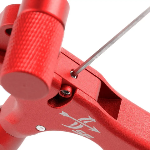 Close-up of red 4-Finger Compound Bow Release Trigger With 360 Degree Rotating Thumb Release Aid showing mechanism detail.