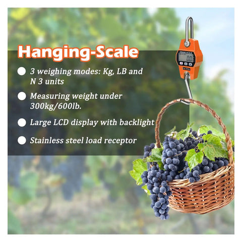 Built Like A Tank Digital Crane Scale With A Slick Backlit Lcd Screen And Solid Stainless Hook For Tracking Big Game Livestock Weigh Ins And Daily Job Site Hauls with grapes in basket.