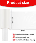 Heavy Duty Clear Stretch Wrap Film With Built In Handle, Smooth Roll Polyethylene Pallet Wrap, 4.7 X 492 Feet showing size dimensions.