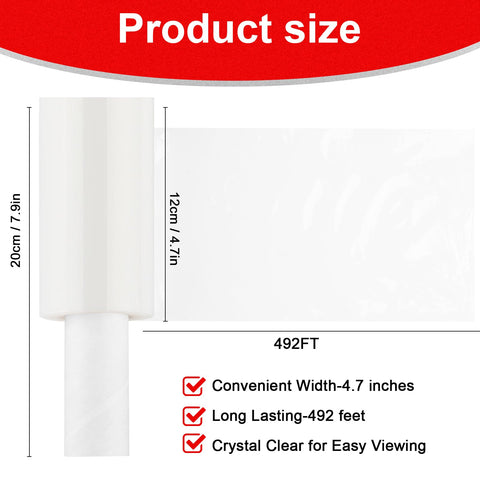 Heavy Duty Clear Stretch Wrap Film With Built In Handle, Smooth Roll Polyethylene Pallet Wrap, 4.7 X 492 Feet showing size dimensions.